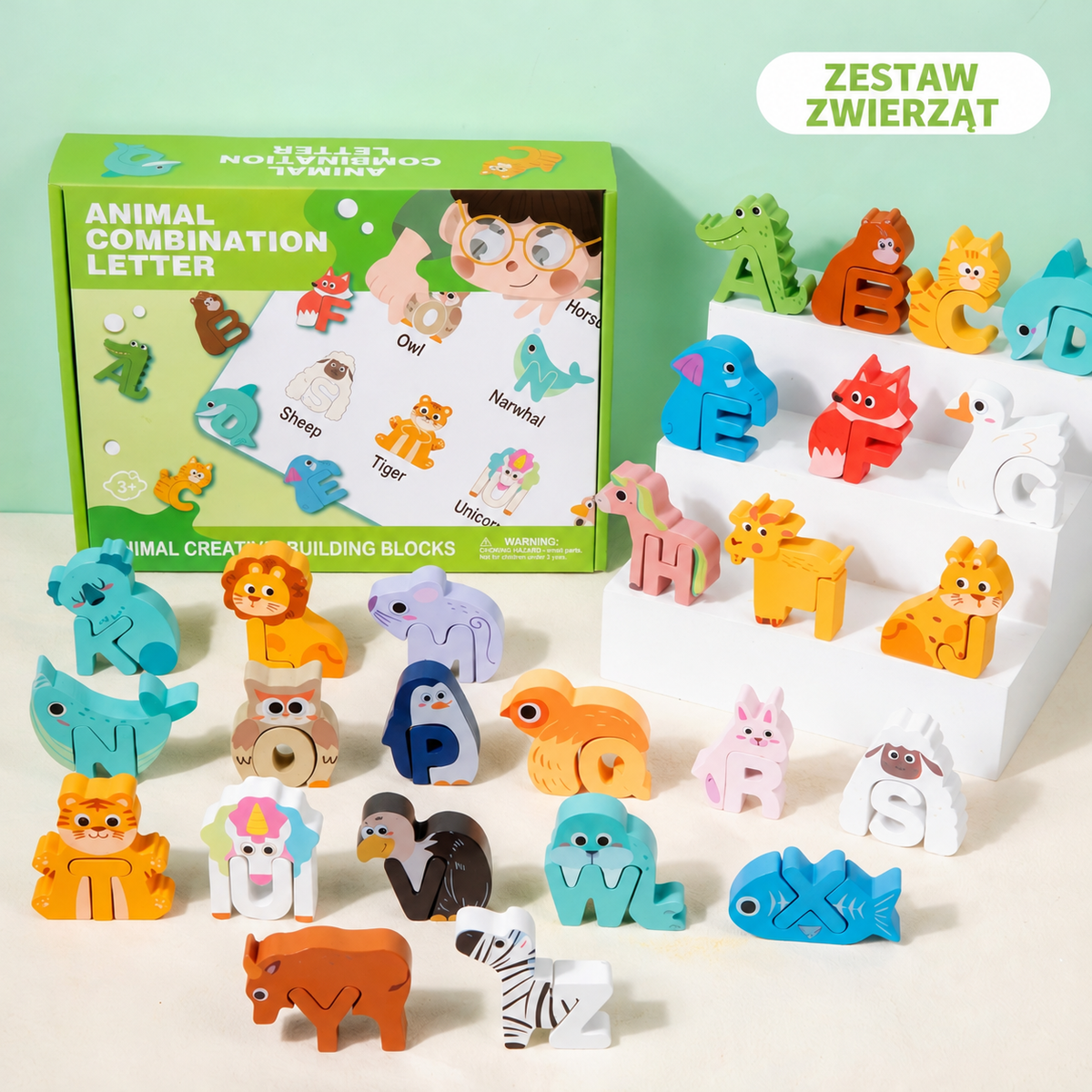 52-elementowy zestaw klocków 3D z alfabetem w stylu Montessori