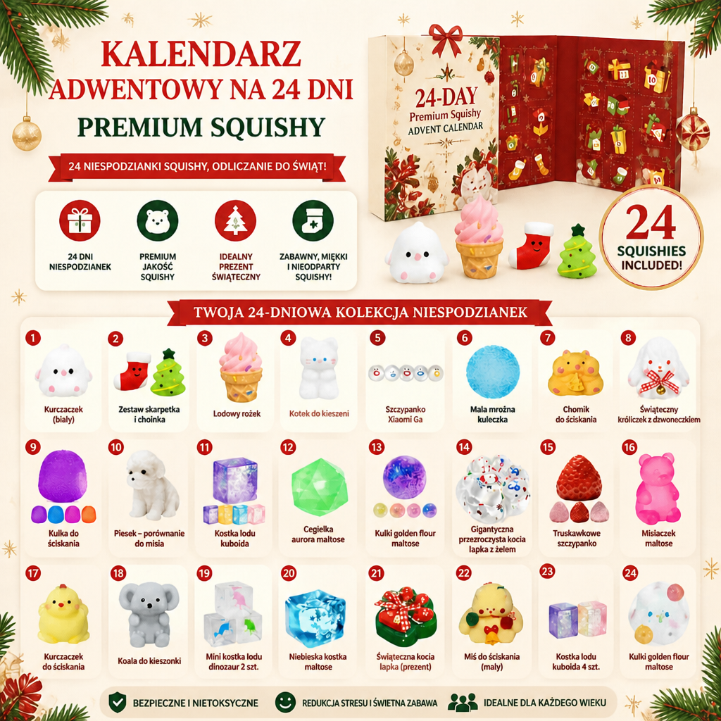 24-dniowy kalendarz adwentowy Premium z zabawkami Squishy