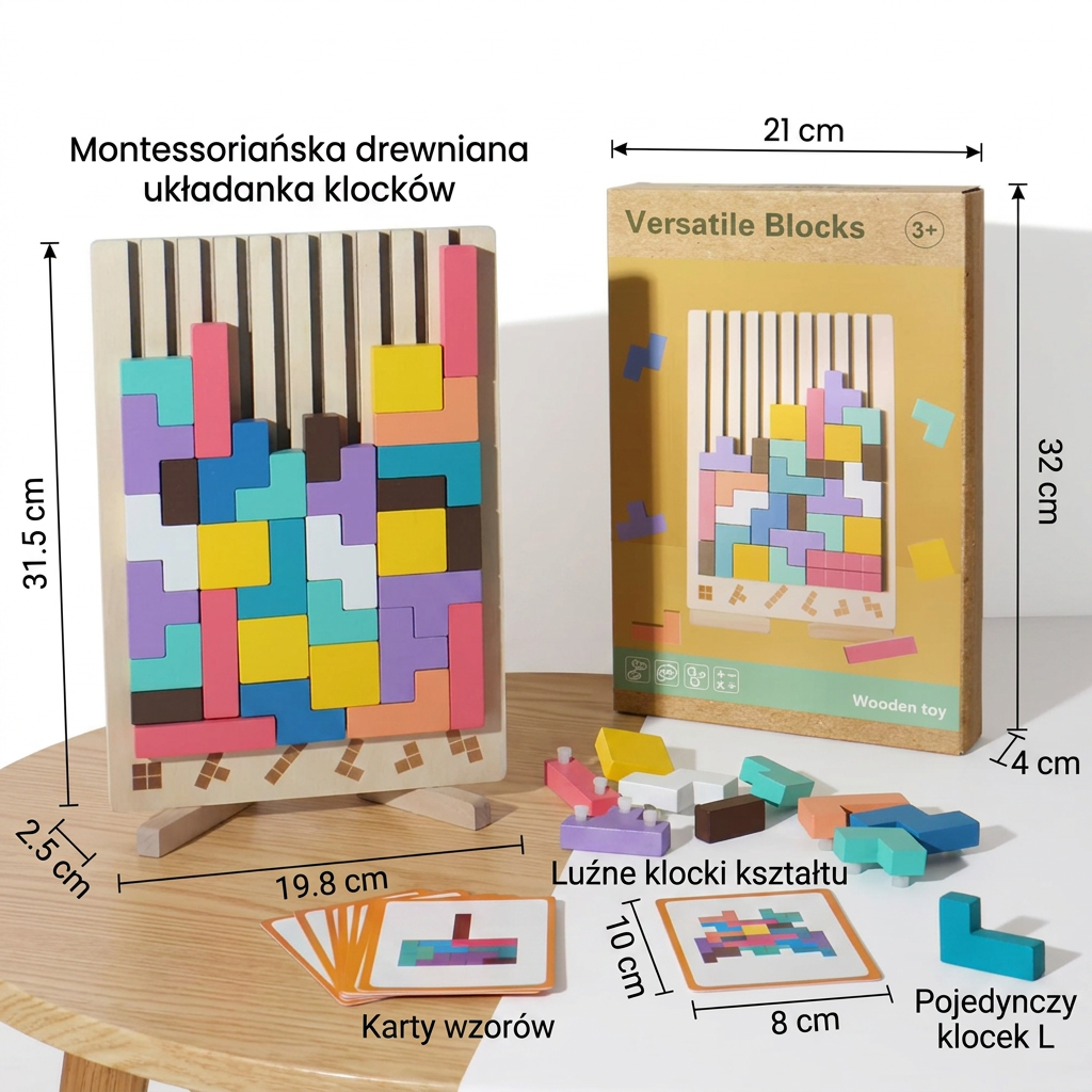 Montessori drewniana gra z klockami i kształtami