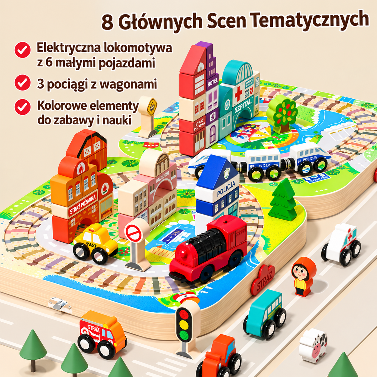 Drewniany zestaw podróżny z klockami miejskimi i torem kolejowym