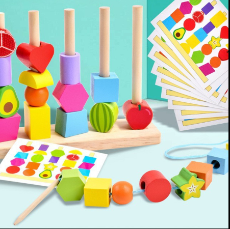 Drewniana zabawka Montessori do nawlekania kolorów i kształtów