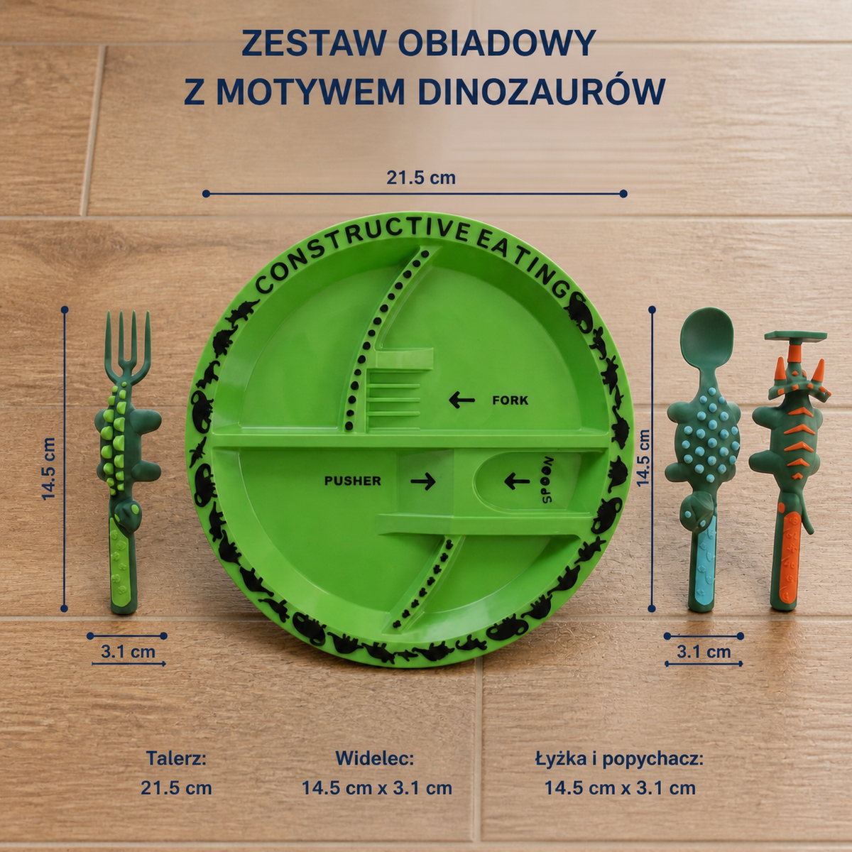 Zestaw obiadowy z motywem dinozaurów