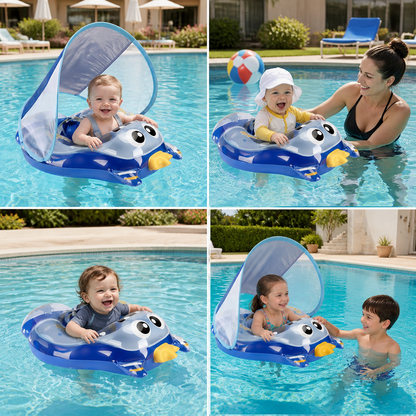 Dmuchane Kółko do Pływania dla Niemowląt z Szelkami na Ramiona i Daszkiem Przeciwsłonecznym – Bezpieczne Siedzisko Basenowe dla Maluchów