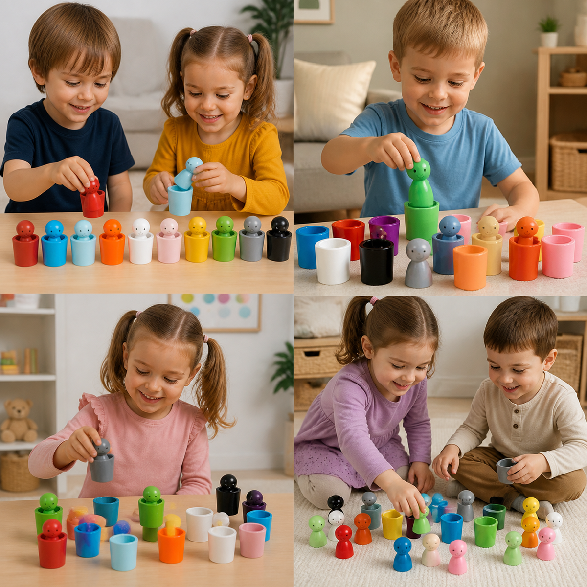 Montessori Drewniana Gra w Sortowanie Kolorowych Kubeczków