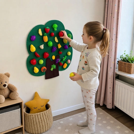 Filcowa tablica edukacyjna „Drzewko z owocami” – zabawka edukacyjna Montessori