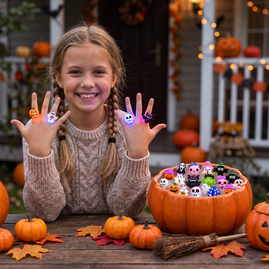 Zestaw 24 migających pierścionków LED na Halloween dla dzieci – upominki na przyjęcie i do torebek ze słodyczami