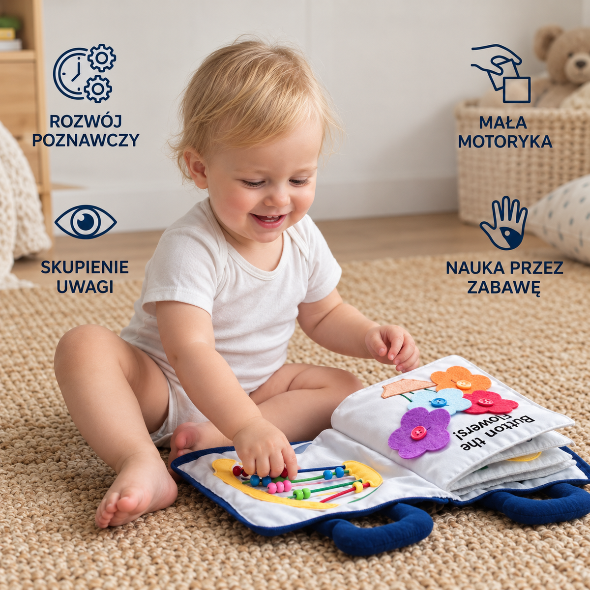 Montessori – materiałowa książeczka edukacyjna z zadaniami i aktywnościami dla dzieci