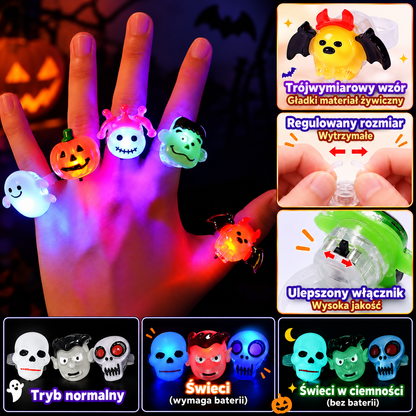 Zestaw 24 migających pierścionków LED na Halloween dla dzieci – upominki na przyjęcie i do torebek ze słodyczami