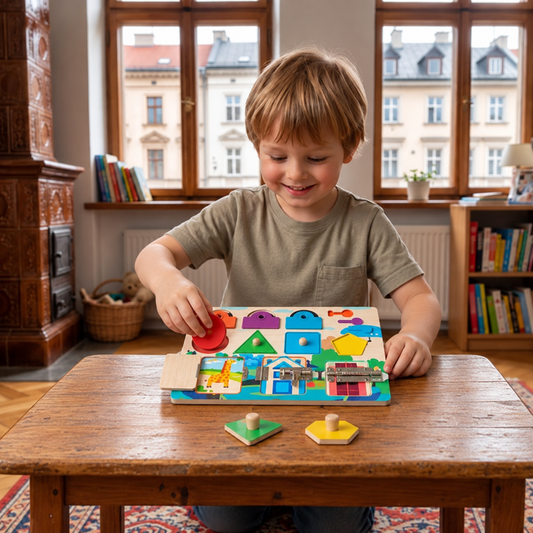 Tablica aktywności Montessori z różnorodnymi zadaniami