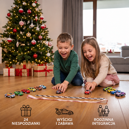 24-dniowy kalendarz adwentowy z samochodami wyścigowymi i zabawkami-niespodziankami