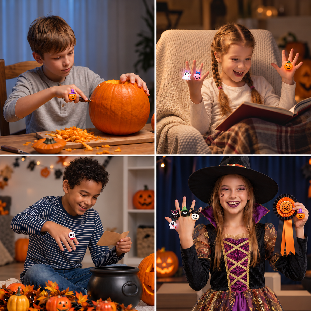 Zestaw 24 migających pierścionków LED na Halloween dla dzieci – upominki na przyjęcie i do torebek ze słodyczami