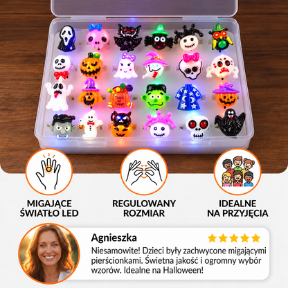 Zestaw 24 migających pierścionków LED na Halloween dla dzieci – upominki na przyjęcie i do torebek ze słodyczami