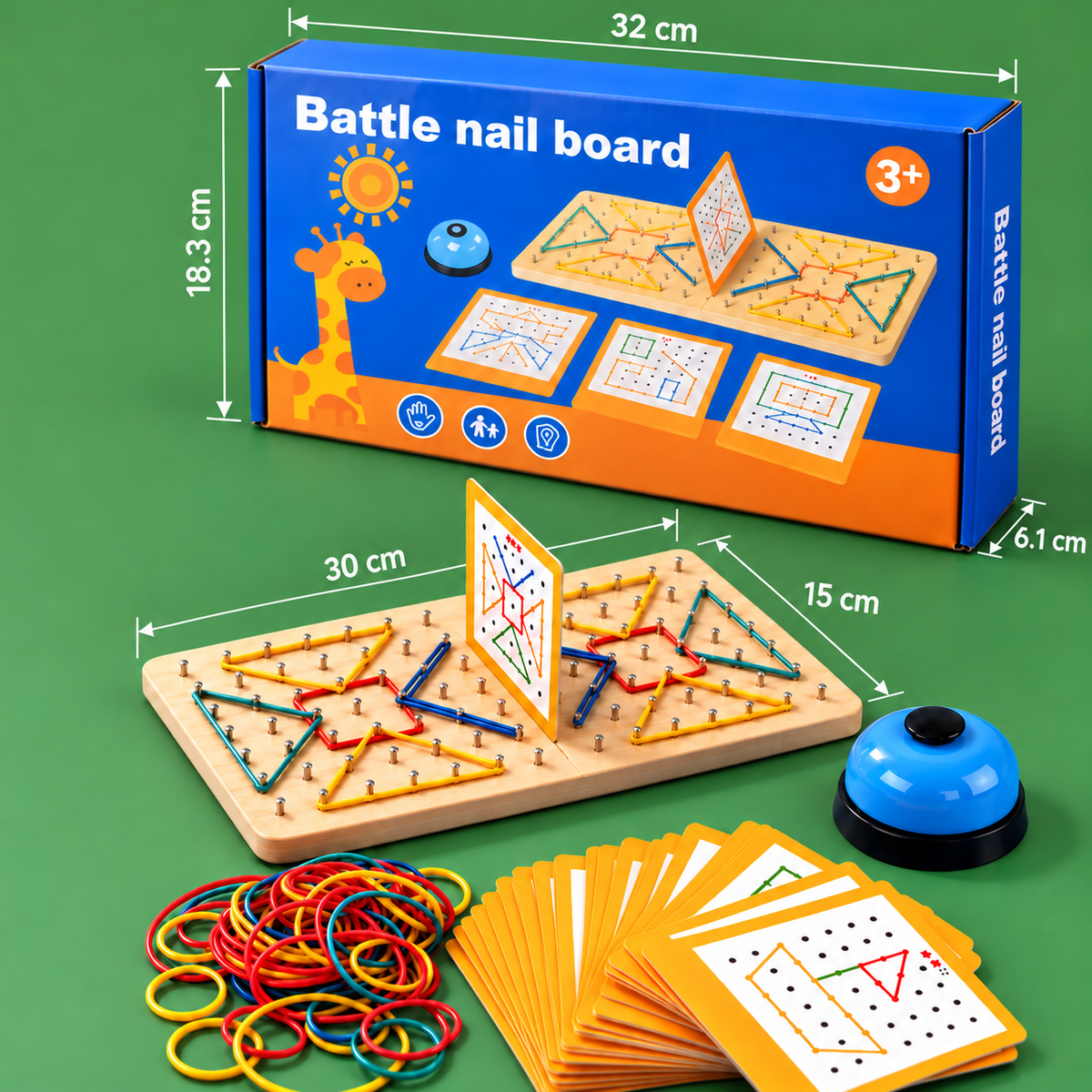 Drewniana gra bitewna Montessori – Geometria z kolorowymi gumkami
