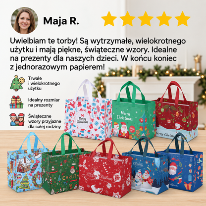 Wielorazowe świąteczne torby prezentowe z uchwytami – różne wzory