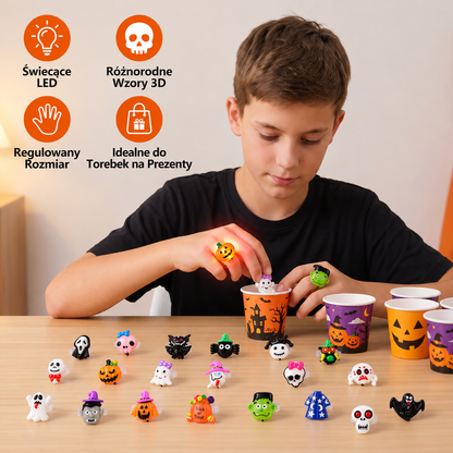 Zestaw 24 migających pierścionków LED na Halloween dla dzieci – upominki na przyjęcie i do torebek ze słodyczami