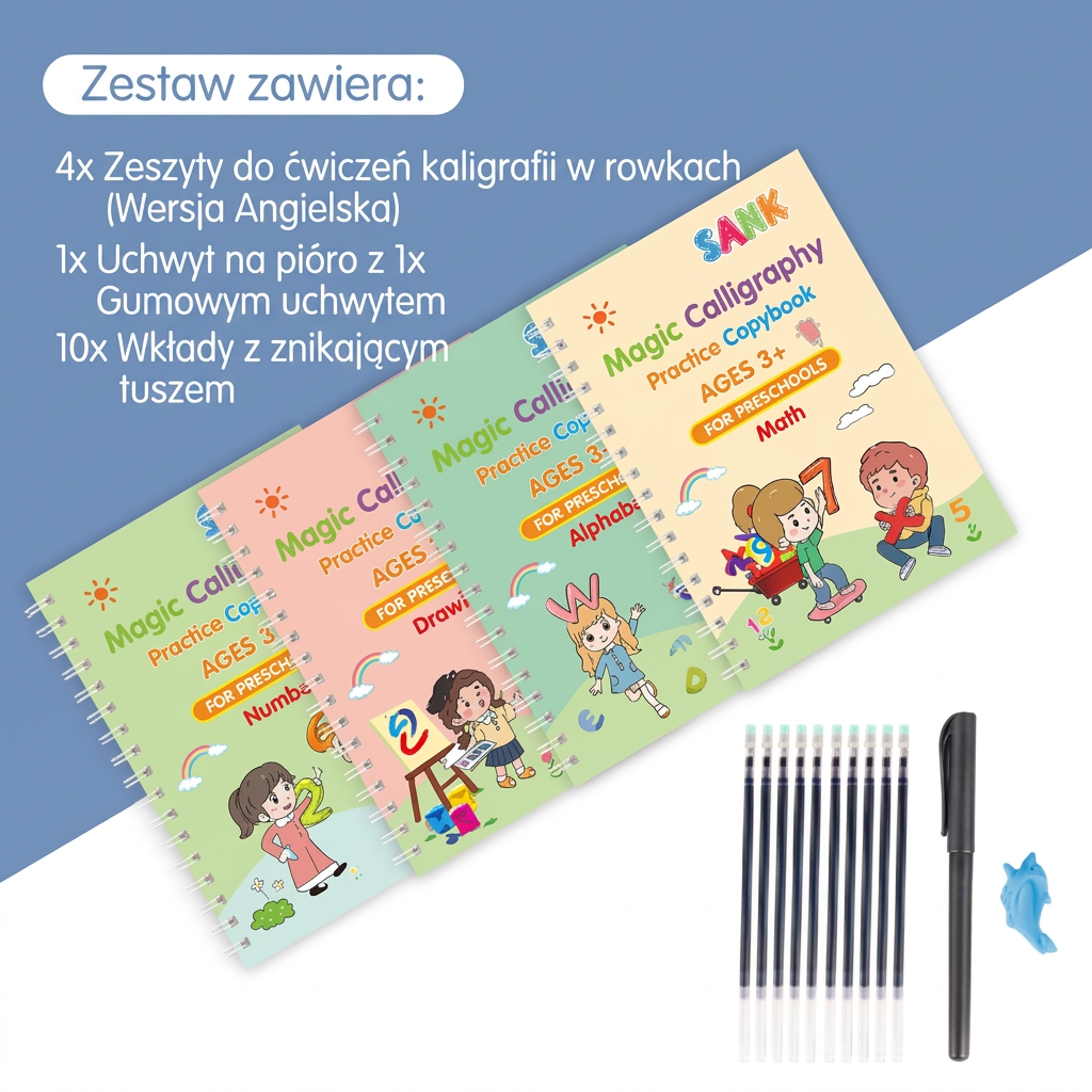 Magiczne wielorazowe zeszyty do nauki pisania – książeczki z rowkami i znikający długopis