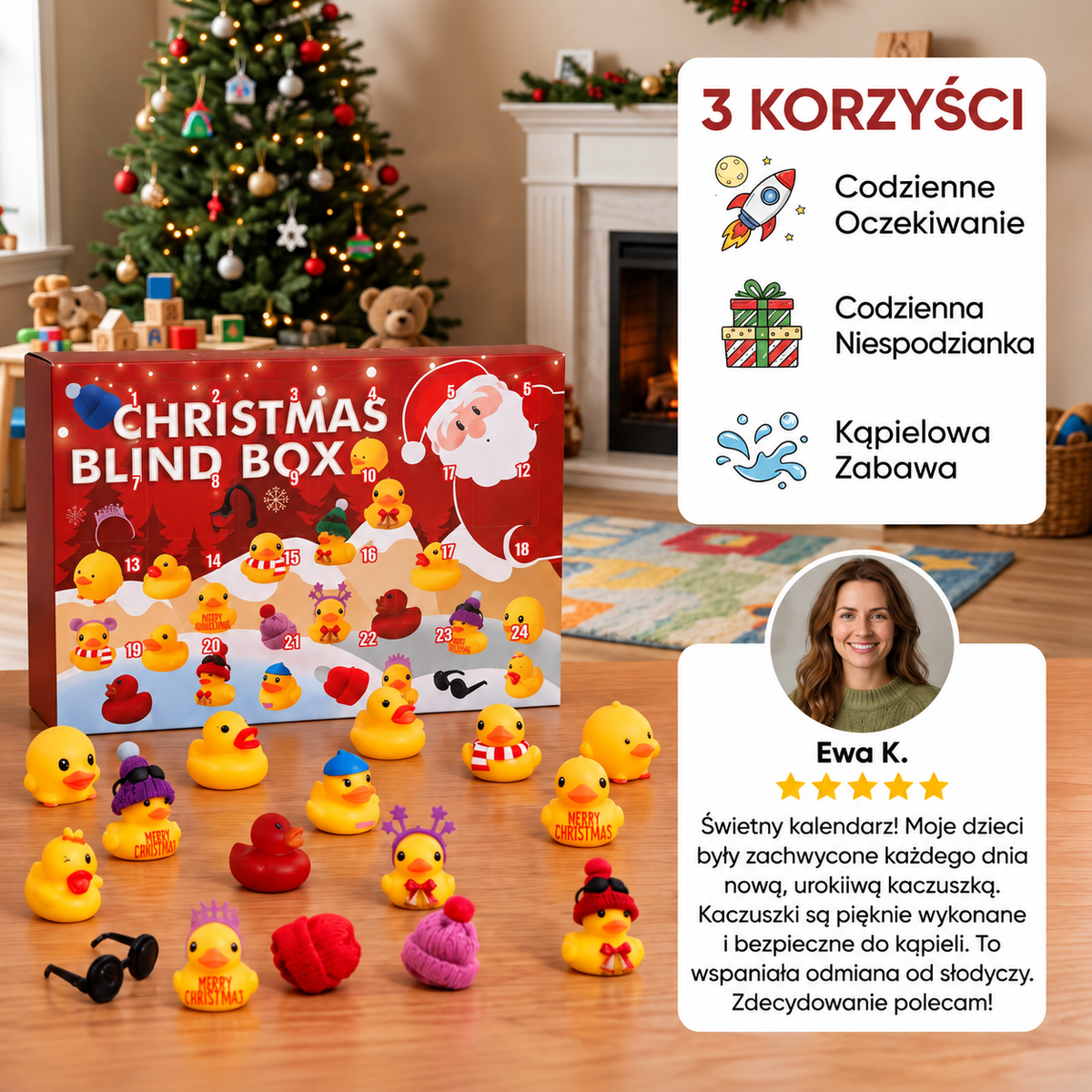 Kalendarz adwentowy z gumowymi kaczuszkami w świątecznym stylu