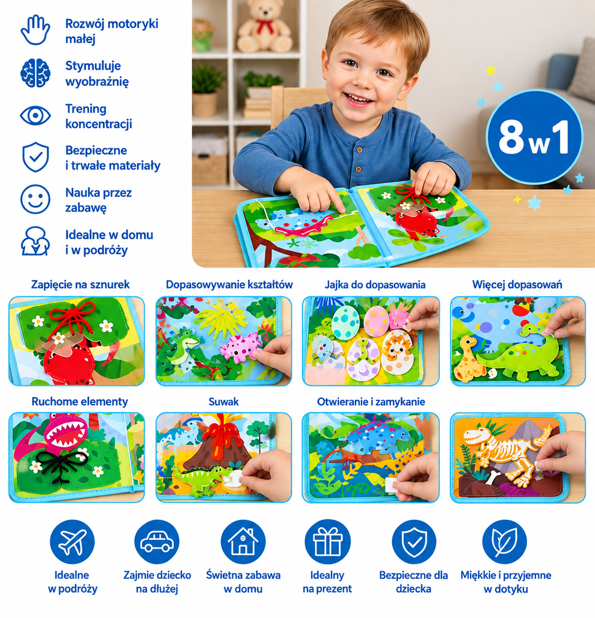 Książeczka aktywności Montessori 8 w 1 z dinozaurami dla małych dzieci
