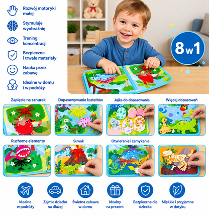 Książeczka aktywności Montessori 8 w 1 z dinozaurami dla małych dzieci