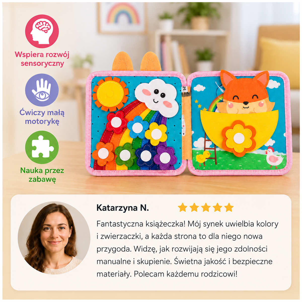 Sensoryczna książeczka aktywności Montessori „Dotknij i poczuj” dla małych dzieci