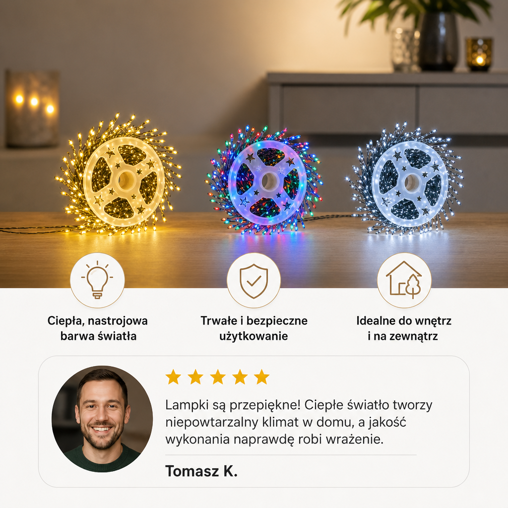 Świąteczne lampki typu cluster w ciepłej bieli