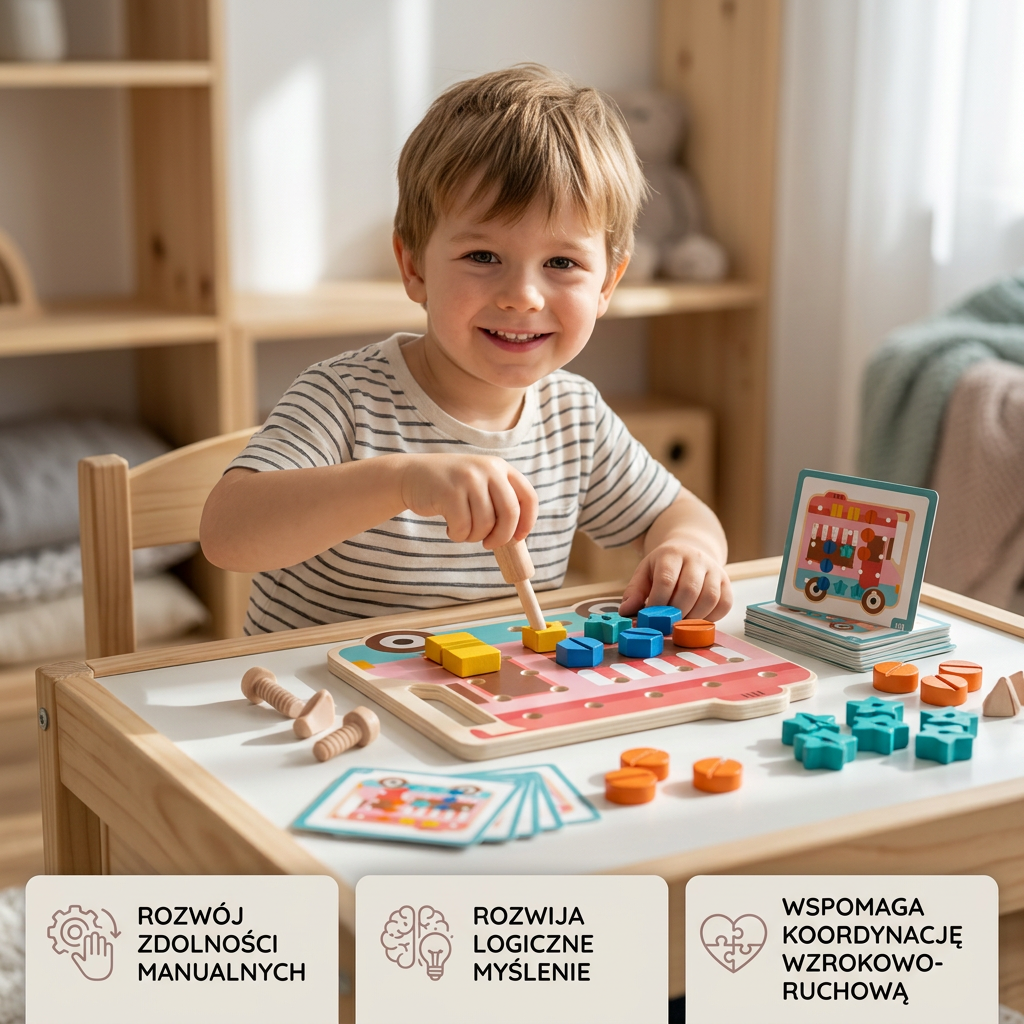 Kolorowa tablica Montessori z misiami i śrubkami dla małych majsterkowiczów