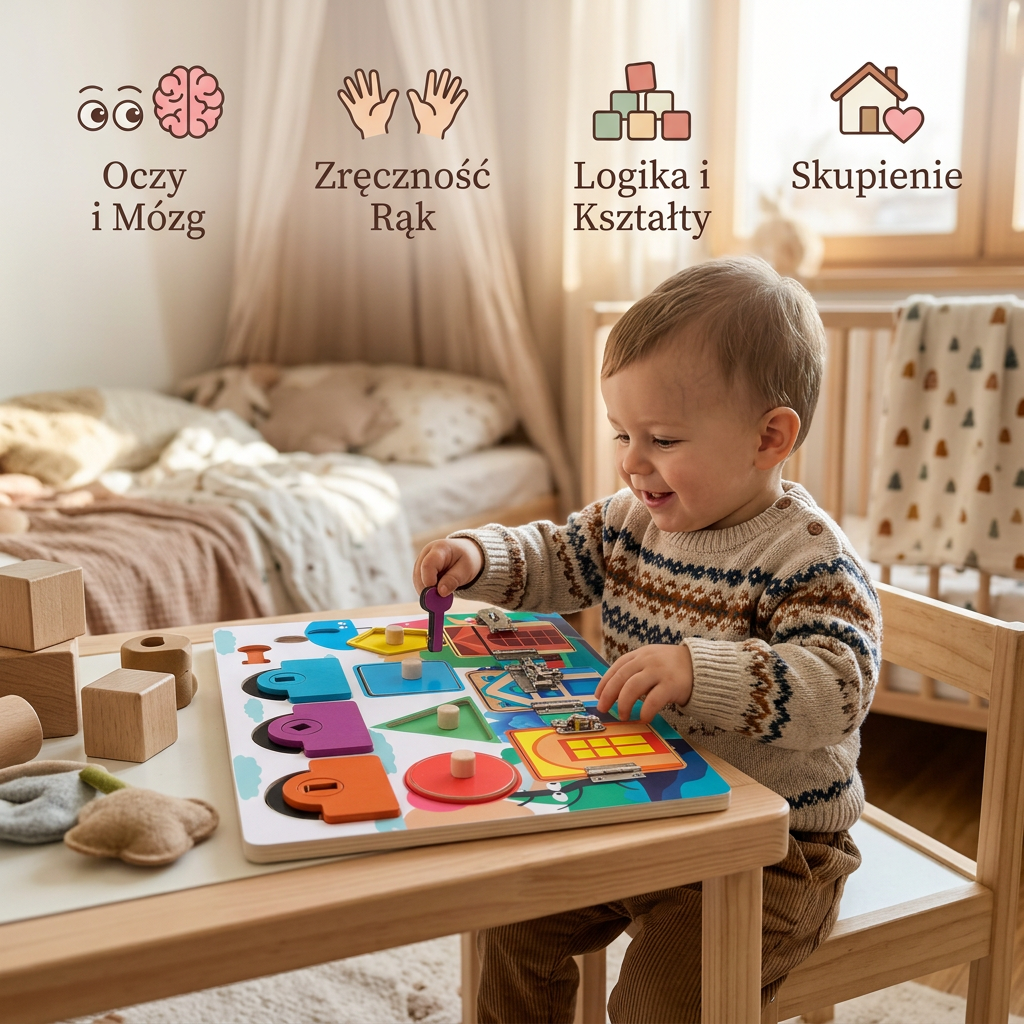 Tablica manipulacyjna Montessori – edukacyjna zabawka z kluczykami i zamkami dla dzieci