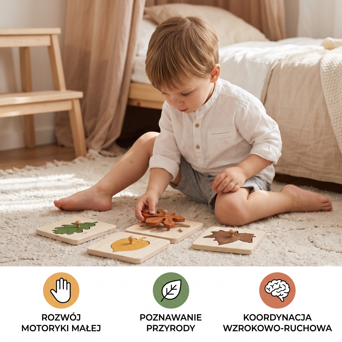 Drewniane puzzle Montessori z motywem liści