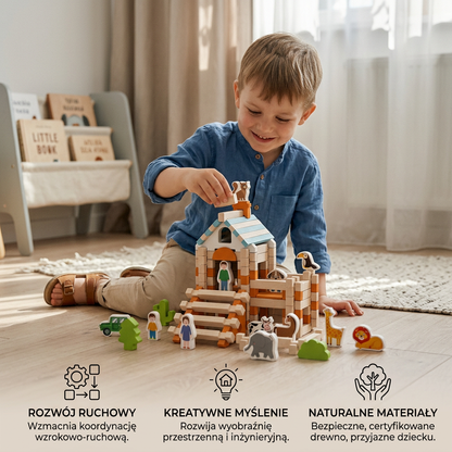 Drewniany zestaw klocków konstrukcyjnych Montessori – naturalna zabawka do układania i budowania