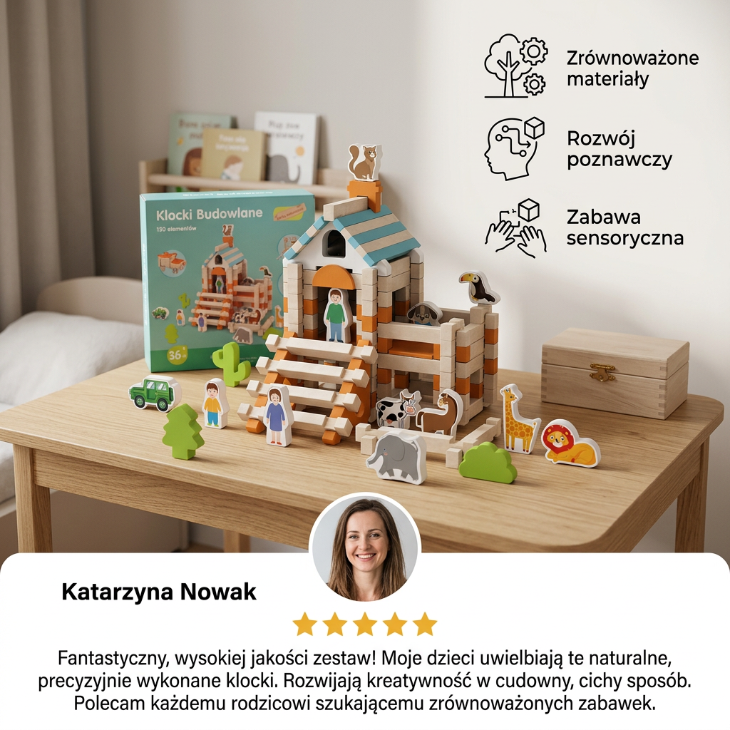 Drewniany zestaw klocków konstrukcyjnych Montessori – naturalna zabawka do układania i budowania