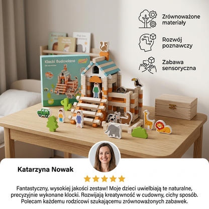 Drewniany zestaw klocków konstrukcyjnych Montessori – naturalna zabawka do układania i budowania