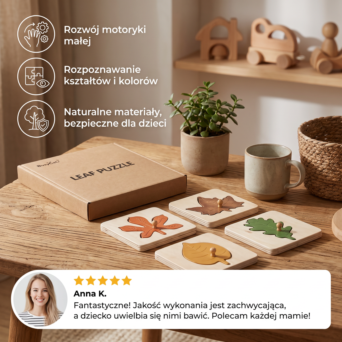 Drewniane puzzle Montessori z motywem liści