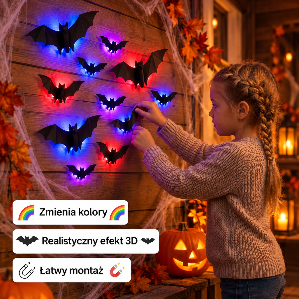 Dekoracja ścienna LED 3D w kształcie nietoperza na Halloween ze światłami zmieniającymi kolory