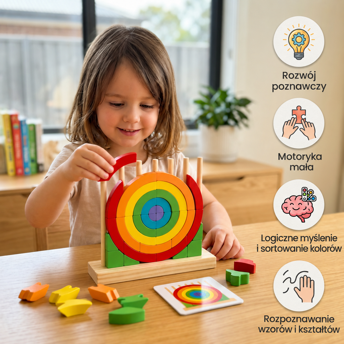 Drewniana tęczowa układanka Montessori – Piramidka i dopasowywanie elementów