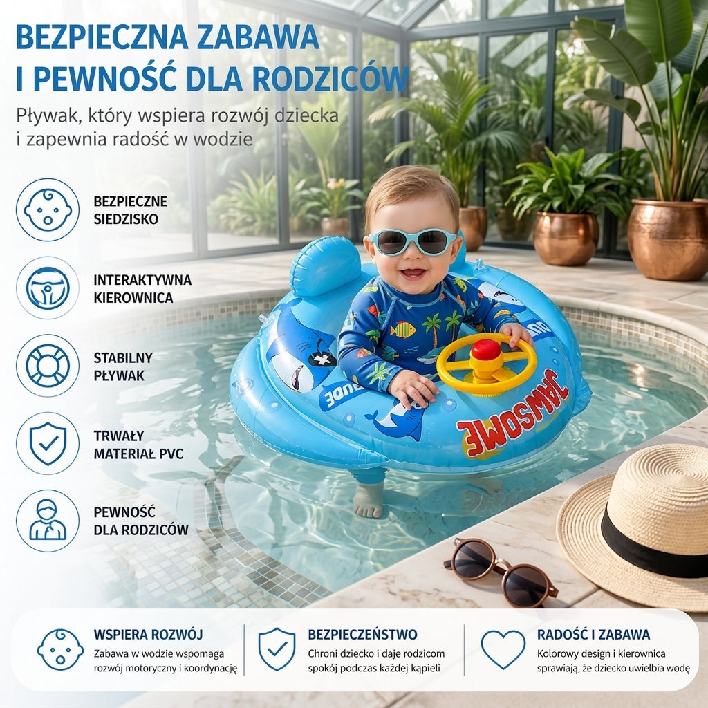 Dmuchane Kółko do Pływania dla Niemowląt z Siedziskiem i Kierownicą – Rekinowy Design do Bezpiecznej Zabawy w Wodzie