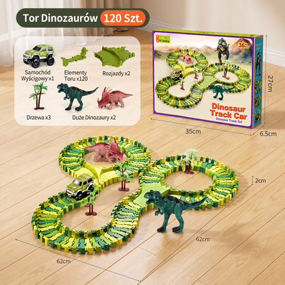 215-elementowy tor wyścigowy z dinozaurami, samochodzikami z napędem, mostem i figurkami