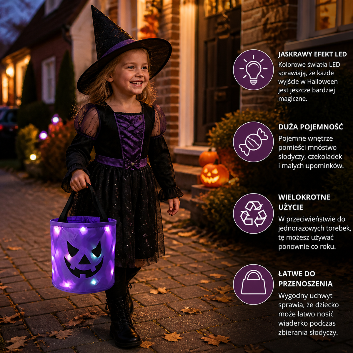 Podświetlane wiaderko na słodycze LED na Halloween – wielorazowa torba na cukierki