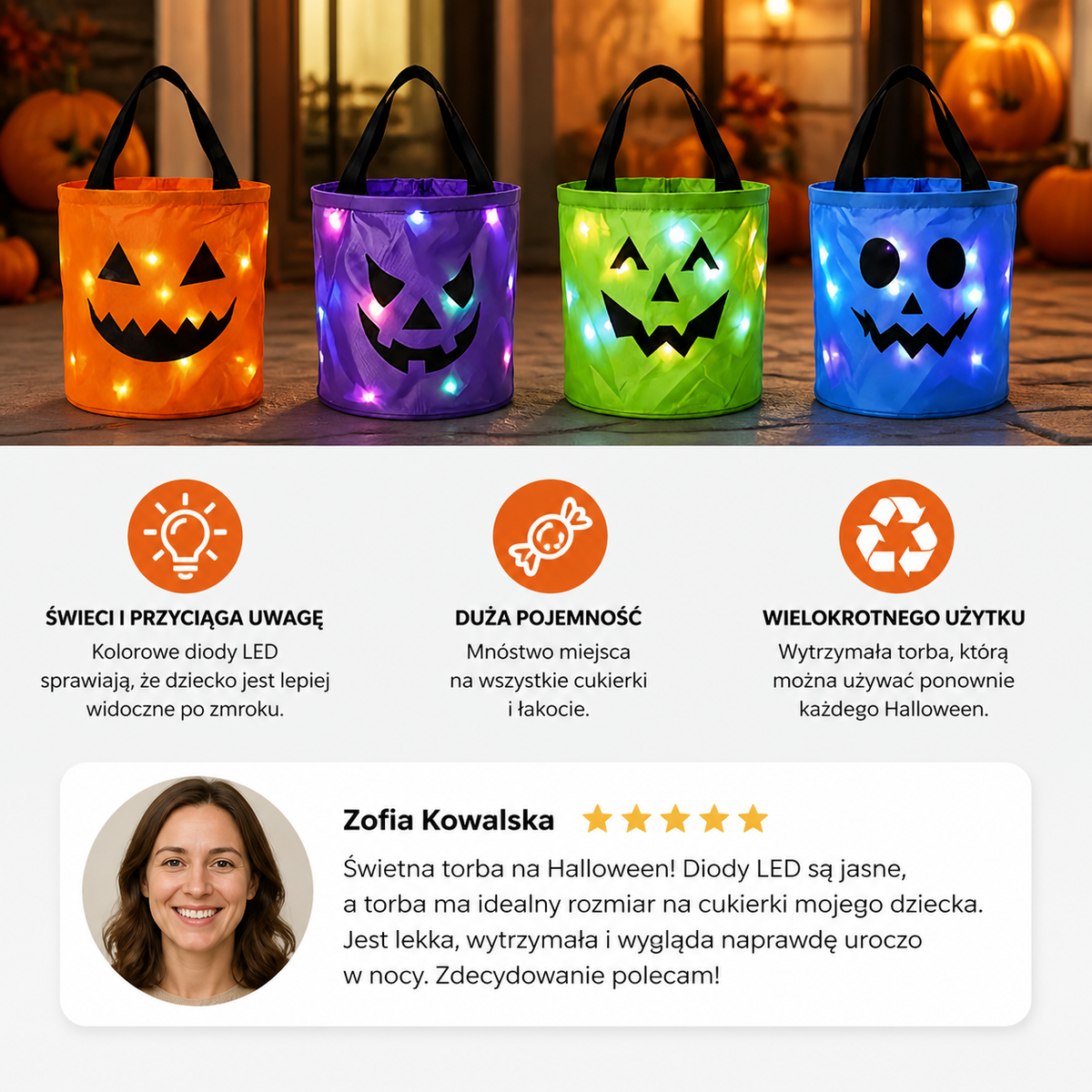 Podświetlane wiaderko na słodycze LED na Halloween – wielorazowa torba na cukierki