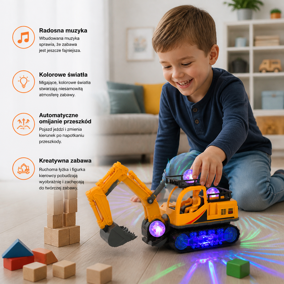 Elektryczna koparka z kulą dyskotekową, muzyką i systemem omijania przeszkód Bump-and-Go