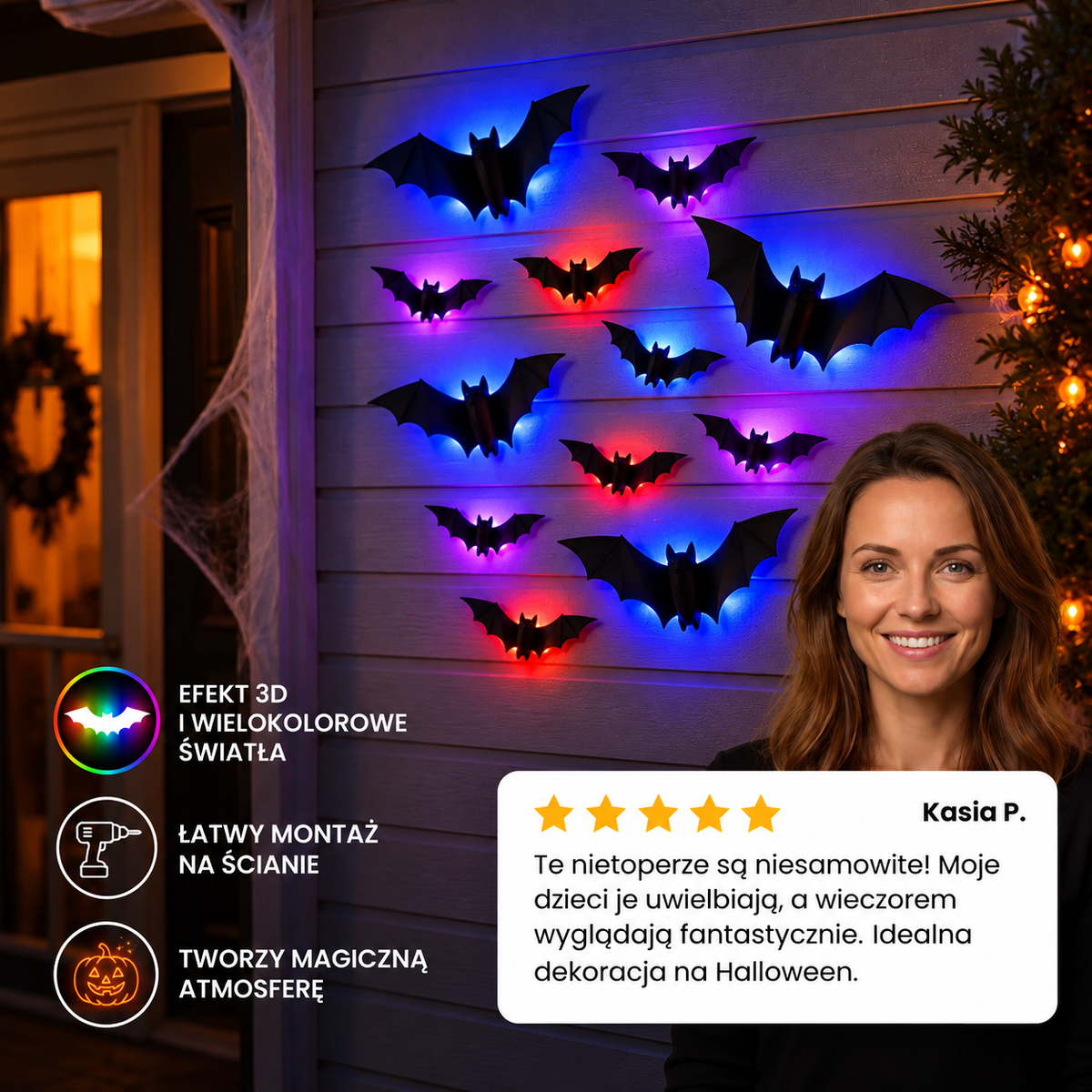 Dekoracja ścienna LED 3D w kształcie nietoperza na Halloween ze światłami zmieniającymi kolory