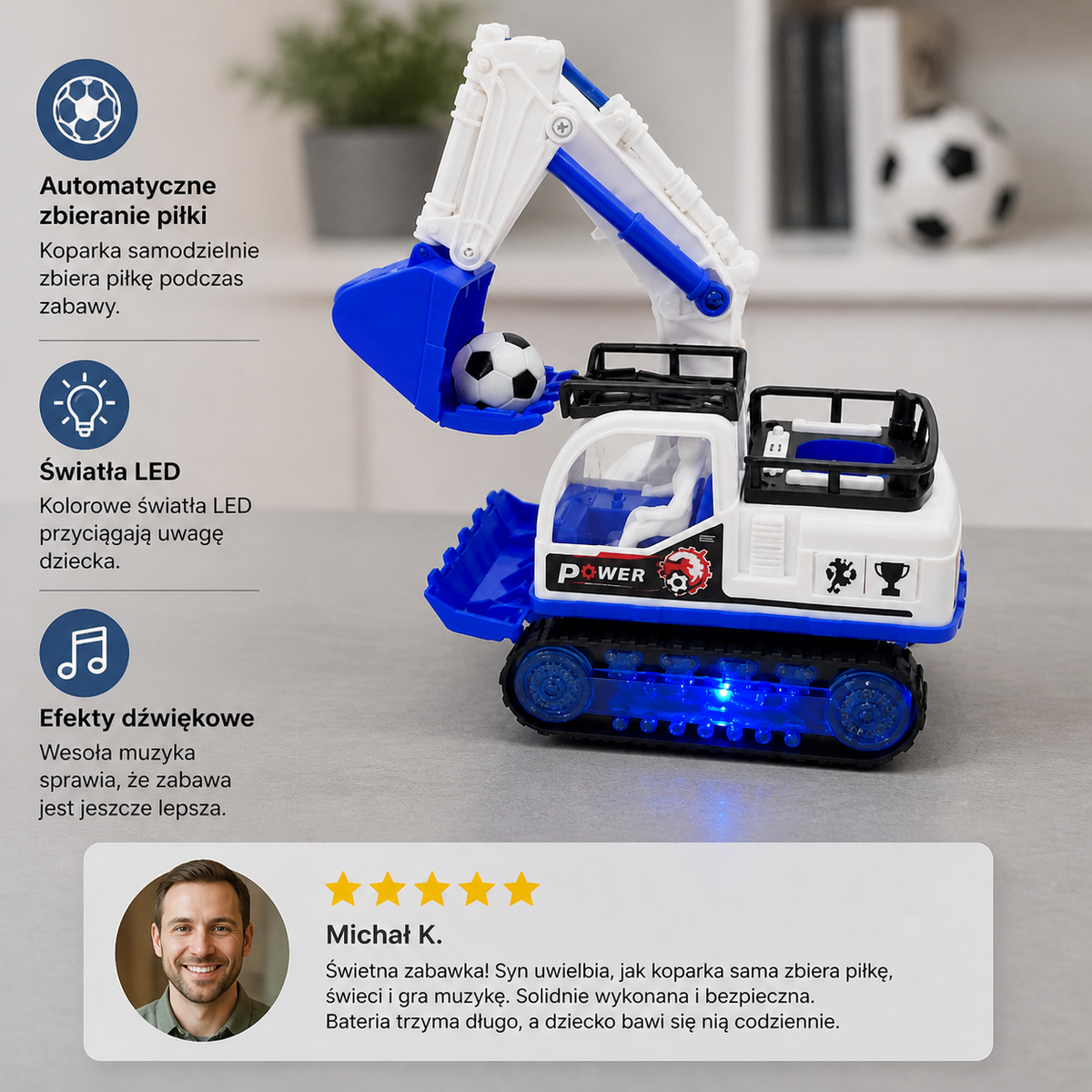 Muzyczna koparka ze światłami LED i automatycznym zbieraniem piłek