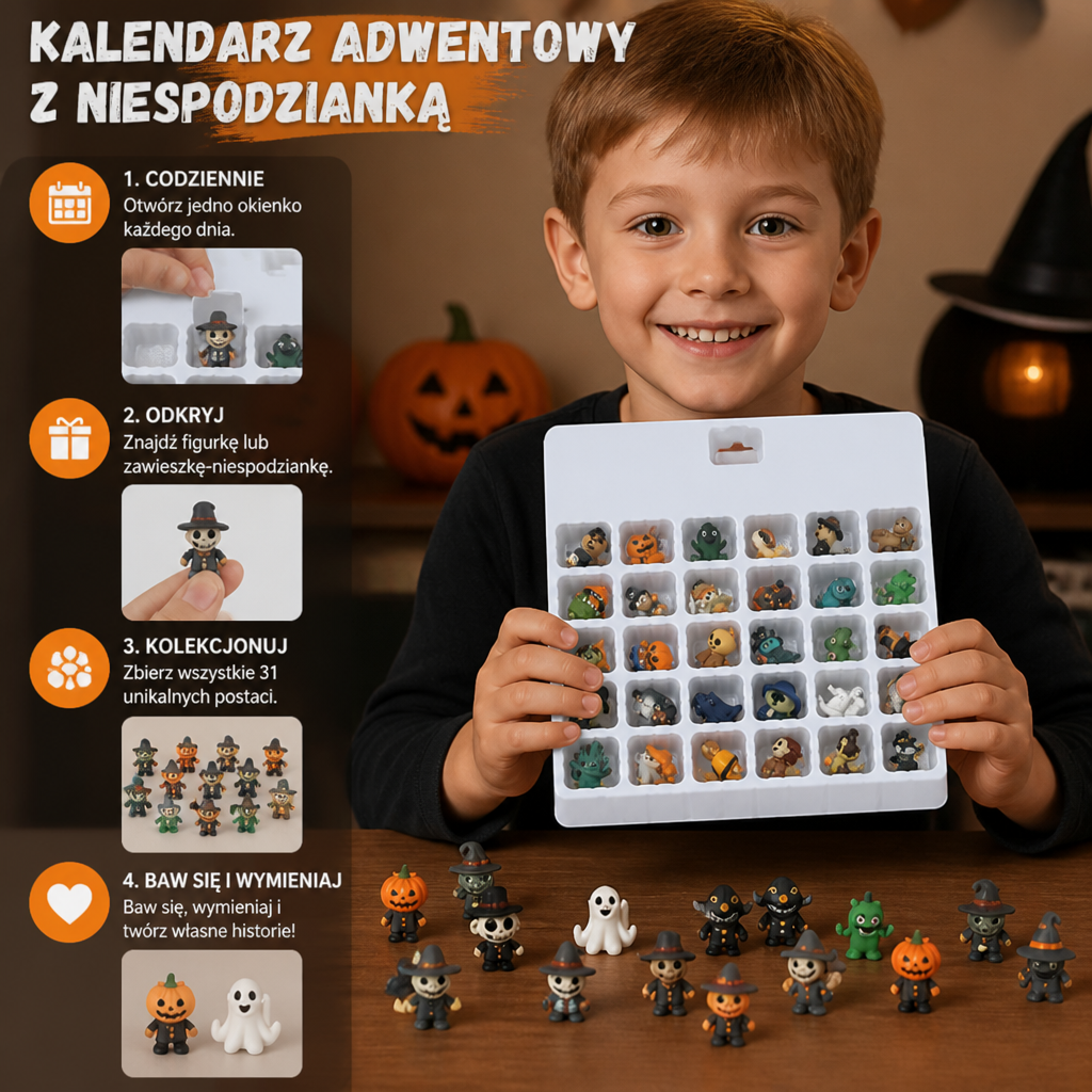 Kalendarz odliczający do Halloween z niespodziankami – mini figurkami i zawieszkami w horrorowym stylu