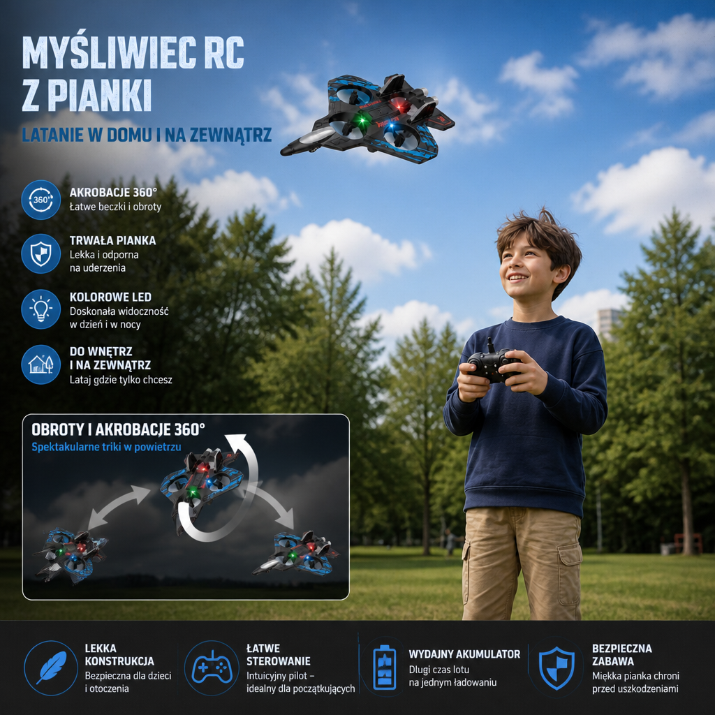 Wytrzymały piankowy myśliwiec RC do latania w domu i na zewnątrz – obroty 360° i światła LED