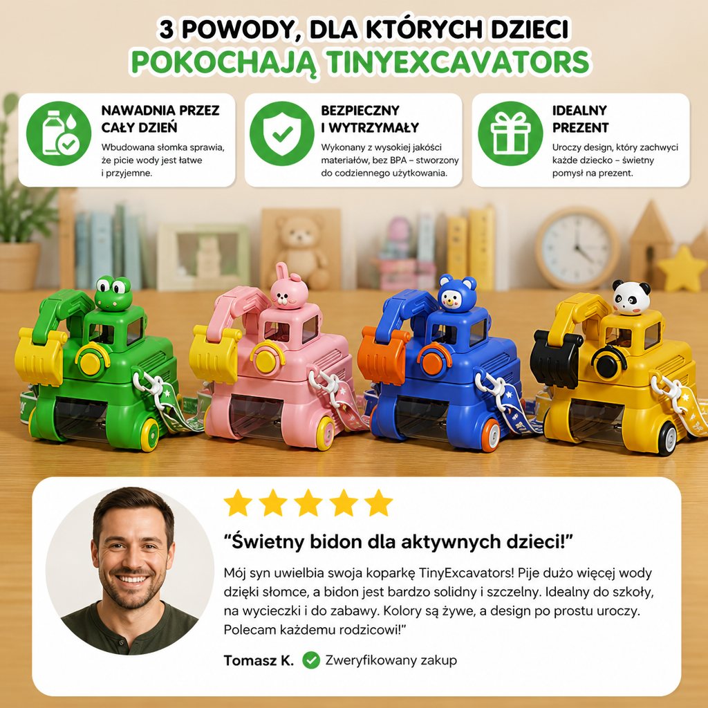 Butelka na wodę TinyExcavators w kształcie koparki ze słomką dla dzieci
