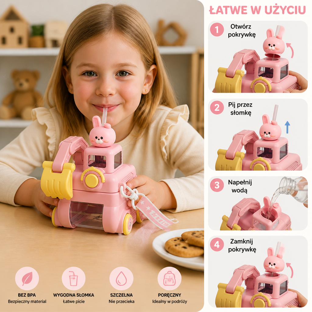 Butelka na wodę TinyExcavators w kształcie koparki ze słomką dla dzieci