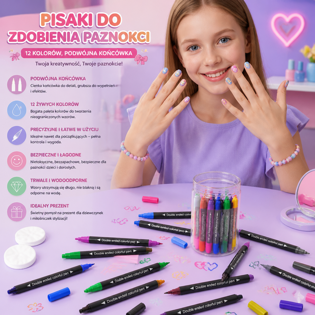 12-kolorowy zestaw dwustronnych pisaków do zdobienia paznokci – precyzyjne detale i kreatywne wzory