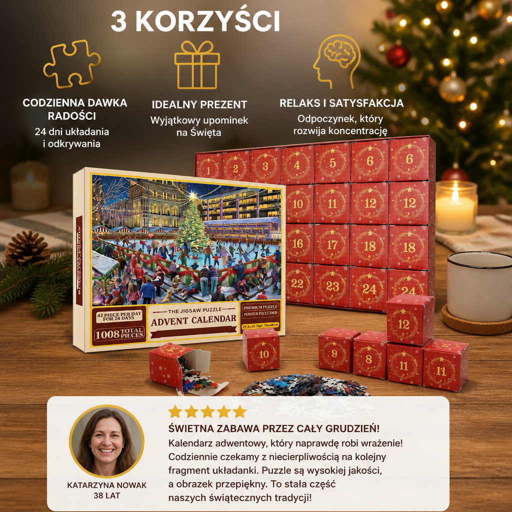 Świąteczny kalendarz adwentowy z puzzlami – 1008 elementów na 24 dni odliczania