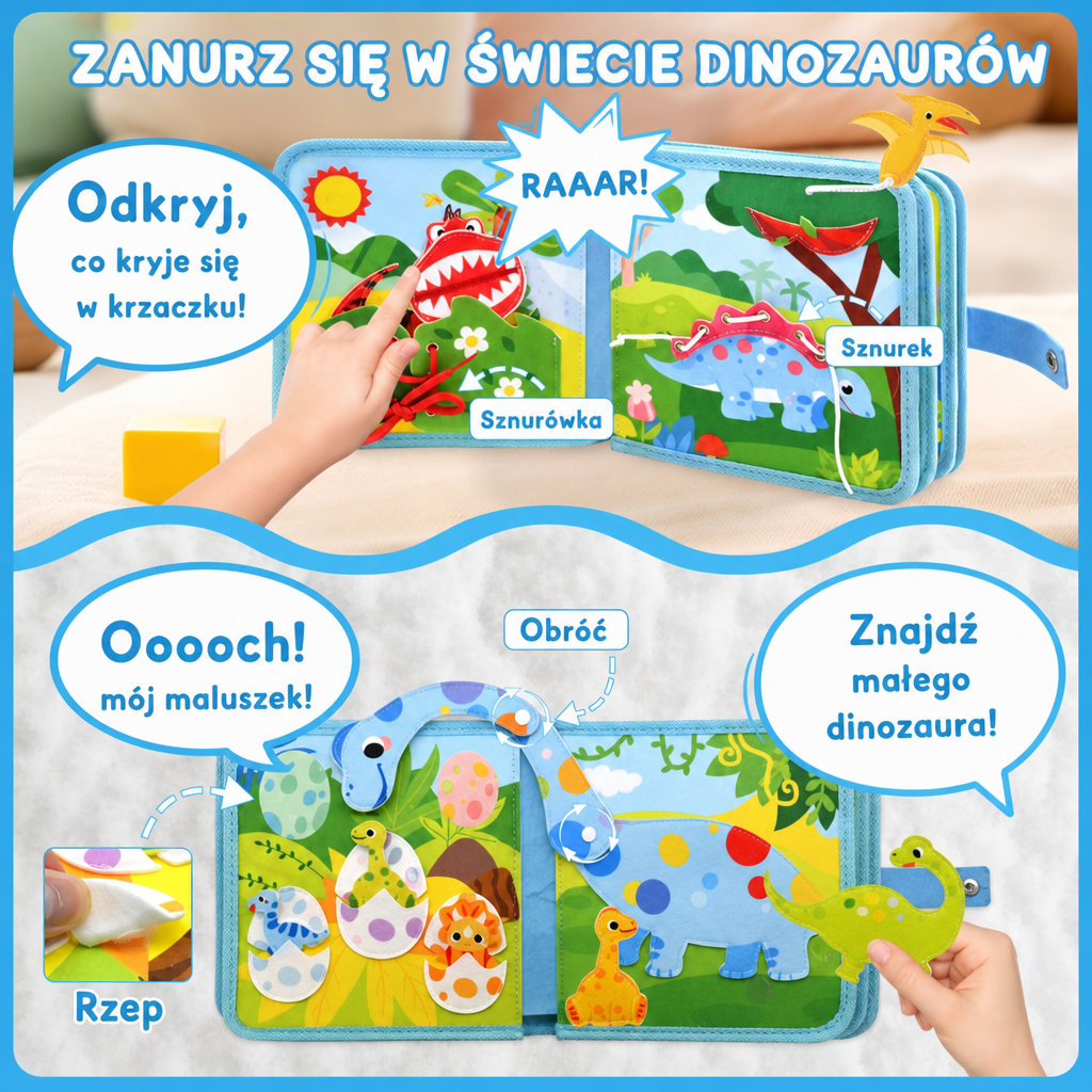 Książeczka aktywności Montessori 8 w 1 z dinozaurami dla małych dzieci
