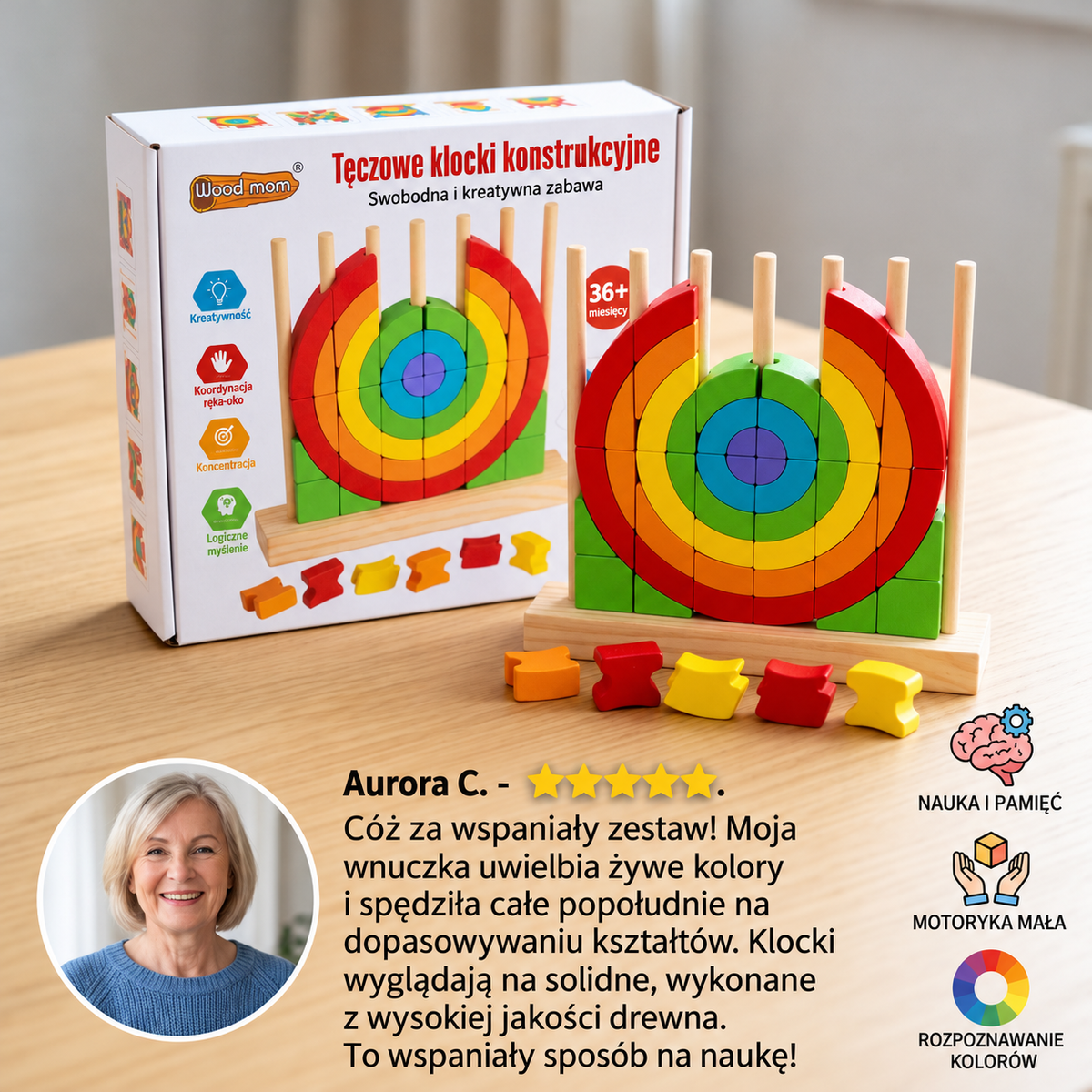 Drewniana tęczowa układanka Montessori – Piramidka i dopasowywanie elementów