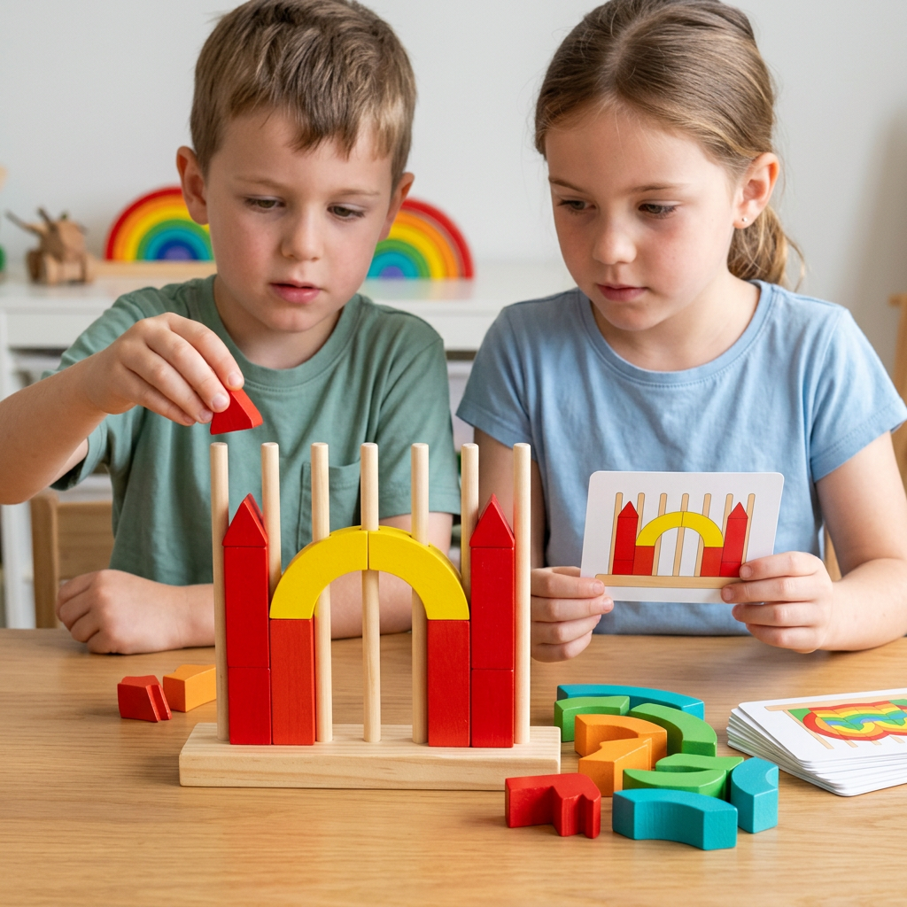 Drewniana tęczowa układanka Montessori – Piramidka i dopasowywanie elementów